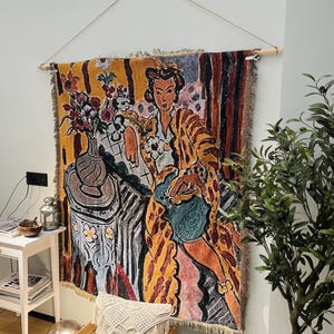 Vintage Woman Woven Tapestry • Modern Art Wall Hanging, Boho Throw