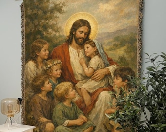 Tapiz de Jesús con niños, arte mural cristiano, tapiz religioso vintage, decoración del hogar con temática de fe, tapiz bíblico tejido