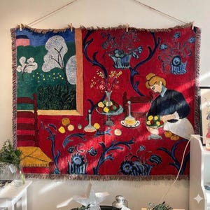 Red Dining Room Art Tapestry – Vintage Woven Blanket, Boho Wall Decor