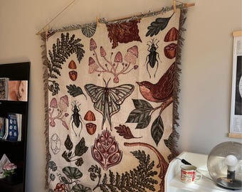 Botanical Woven Tapestry – Moth, Bird & Mushroom Design, Cottagecore Decor (50x60 in)