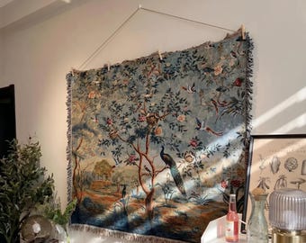 Vintage Bird Tapestry Wall Hanging, Chinoiserie Floral Tree Art, Cottagecore Decor, Peacock Botanical Tapestry, Aesthetic Room Decor