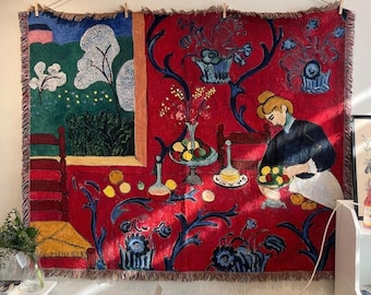 Red Vintage Tapestry Wall Hanging, Artistic Dining Scene Woven Blanket, French Aesthetic Room Decor, Cottagecore Wall Art