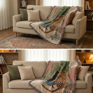 May include: A beige sofa with olive green and tan throw pillows. A woven throw blanket with a leopard design in shades of brown, green, and pink is draped over the sofa. The blanket has a fringed edge.