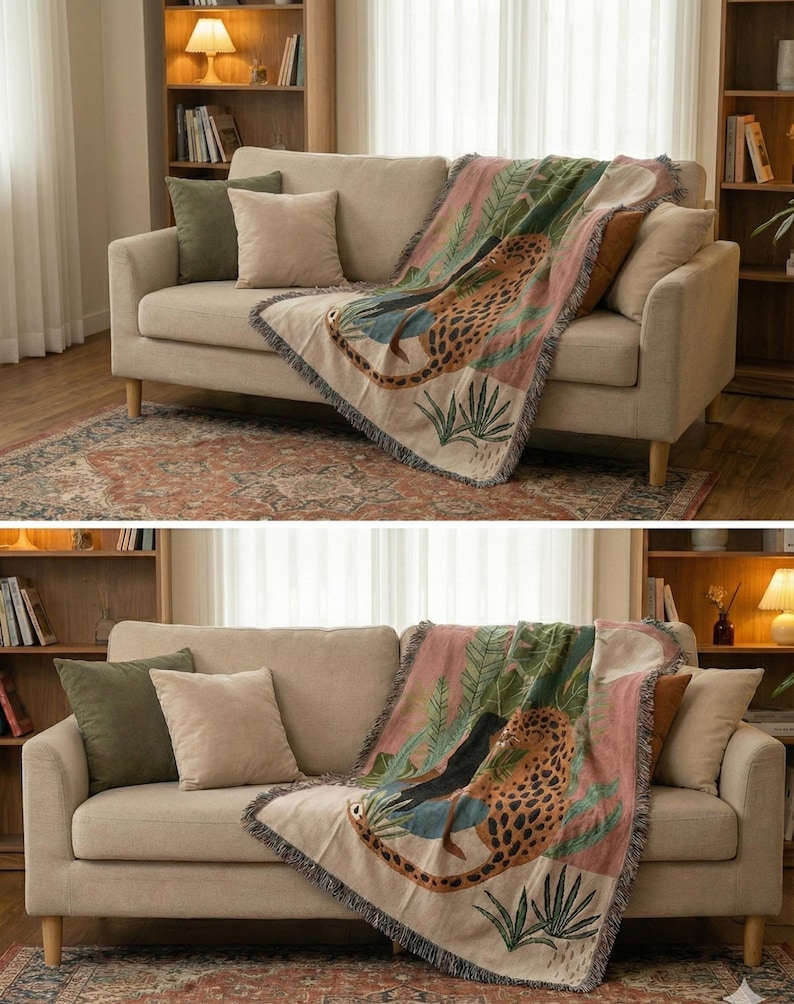 May include: A beige sofa with olive green and tan throw pillows. A woven throw blanket with a leopard design in shades of brown, green, and pink is draped over the sofa. The blanket has a fringed edge.