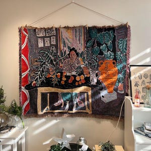 Boho Botanical Wall Tapestry – Woven Studio Scene Art for Bohemian Home Decor
