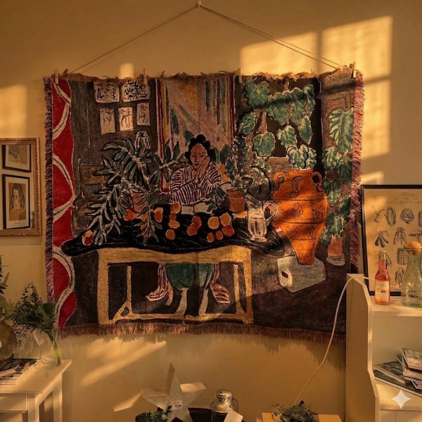 Vintage Woman Reading Woven Tapestry, Cottagecore Wall Decor, Botanical Aesthetic Room Art, Cozy Textile Hanging