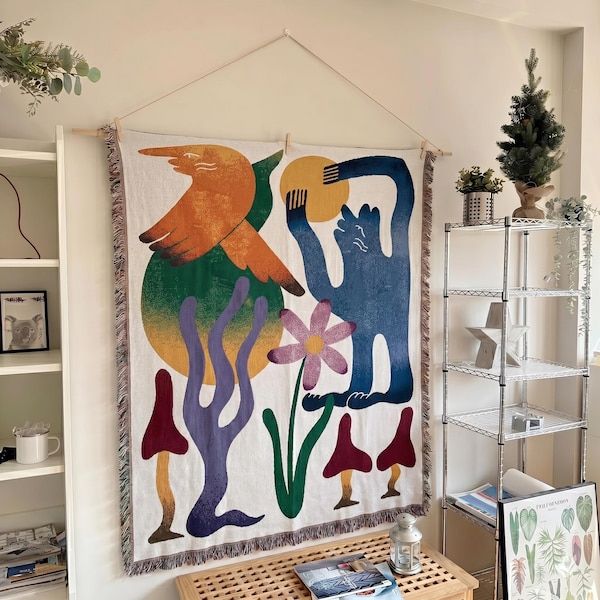 Abstract Woven Tapestry Blanket, Matisse Inspired Wall Hanging, Colorful Botanical Textile Art, Modern Boho Decor,Scandinavian Wall Tapestry