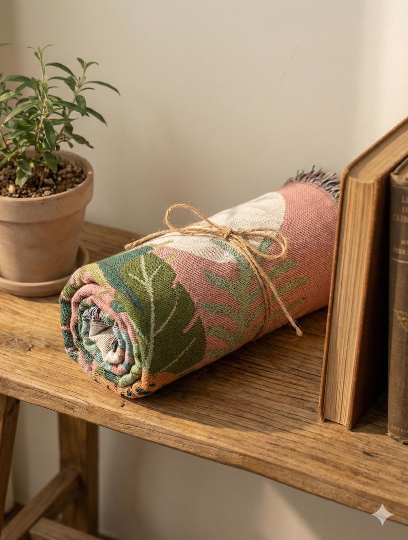 May include: Rolled-up floral throw blanket with a pink and green pattern, tied with twine. The blanket features a botanical design with leaves and flowers. The rolled blanket is resting on a wooden shelf, next to a potted plant and a book.