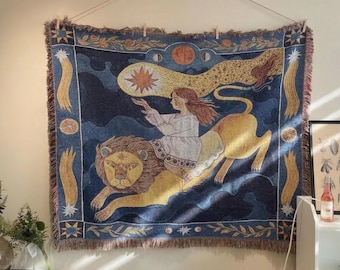 Manta tejida con jinete de león celestial, tapiz vintage de astrología, decoración de habitación mística bohemia, tapiz artístico azul oscuro