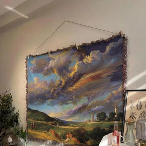 Dromerige lucht geweven tapijtdeken, vintage landschap muur hangend, Cloud Heaven kunstworp, Cottagecore kamerdecor, boho natuur wandtapijt