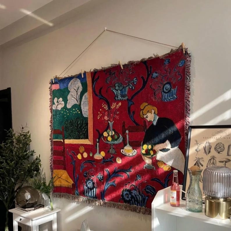 Red Vintage Tapestry Wall Hanging, Artistic Dining Scene Woven Blanket, French Aesthetic Room Decor, Cottagecore Wall Art image 3