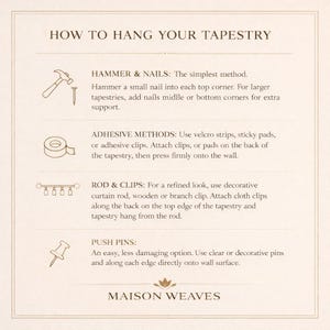 May include: A beige infographic titled "How to Hang Your Tapestry" with four methods: Hammer & Nails, Adhesive Methods, Rod & Clips, and Push Pins. The Maison Weaves logo is at the bottom.