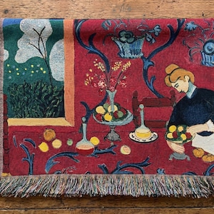 Red Vintage Tapestry Wall Hanging, Artistic Dining Scene Woven Blanket, French Aesthetic Room Decor, Cottagecore Wall Art image 4