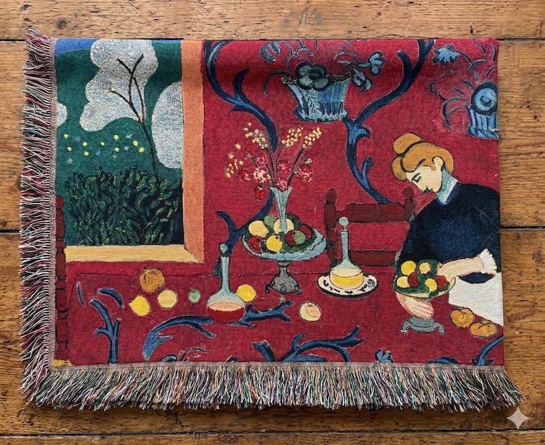 Red Vintage Tapestry Wall Hanging, Artistic Dining Scene Woven Blanket, French Aesthetic Room Decor, Cottagecore Wall Art image 4