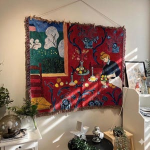 Red Vintage Tapestry Wall Hanging, Artistic Dining Scene Woven Blanket, French Aesthetic Room Decor, Cottagecore Wall Art image 2