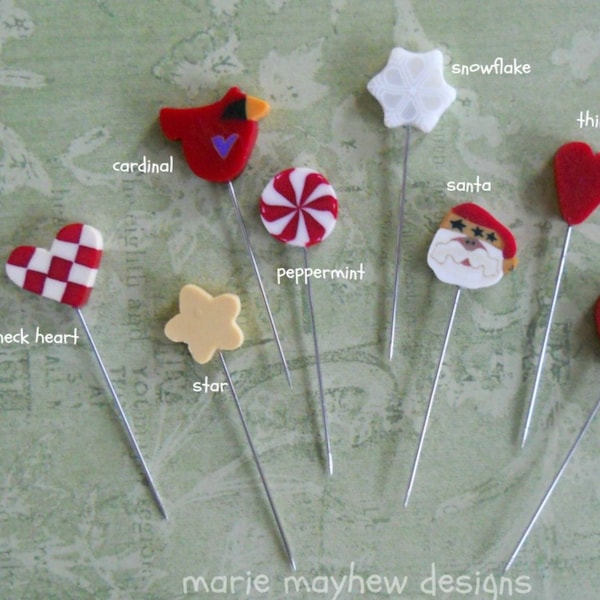 HOLIDAY PINS.  Clay Pins. Single Pins. Perfect for Decorating Pincushions. Toppers for Woolly Pine Trees