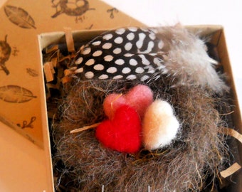 NEW! HAND-M A D E. Valentine's Nest. Wool Knit & Felted Bird Nest with 3 Hearts Ornament. Hand-Knit for You. Empty Nester Gift.