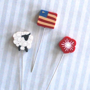 PATRIOTIC mini-pins set, Just Another Button Company, decorative clay pins, quilting accessories, sold as a set of three pins