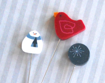 WINTER mini-pins set, Just Another Button Company, decorative clay pins, acorn pin, quilting accessories, set of three pins