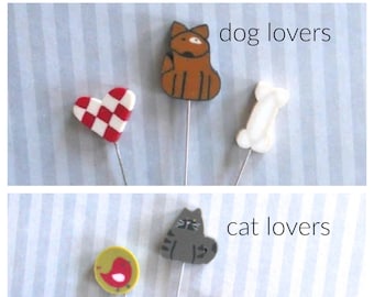 DOG / CAT Lovers mini-pins set, Just Another Button Company, decorative clay pins, acorn pin, quilting accessories