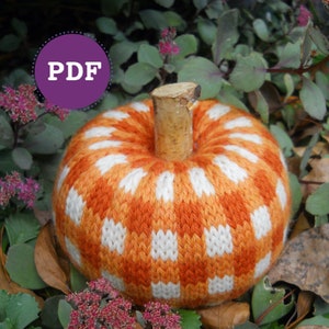 May include: A knitted pumpkin with a white and orange checkered pattern. The pumpkin has a wooden stem.