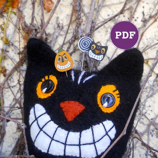BLACK CAT pincushion PDF design, knit cat pincushion pattern, quilting gifts, quilting accessories, quilting pins, pattern download