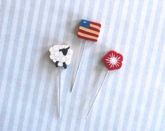 PATRIOTIC mini-pins set, Just Another Button Company, decorative clay pins, quilting accessories, sold as a set of three pins