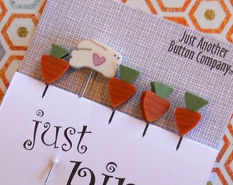 QUILTING PINS, Just Another Button Company, pincushion pins, decorative quilting pins, Just Pins, bunny and carrots pins