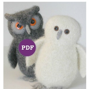 May include: Two handmade felt owls, one gray with orange eyes and one white with brown eyes. A third owl with brown felt and brown eyes is shown in a smaller image below. The word "PDF" is printed on a purple circle.