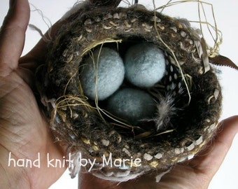 HAND-M A D E. Wool Knitted & Felted Bird Nest and Eggs for You. An Empty Nester? An Egg for each Child. Empty Nest or Not.