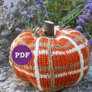 May include: A knitted pumpkin with a plaid pattern in orange, brown, and white. The pumpkin has a twig stem and a green wire vine. The word "PDF" is printed on a purple circle.