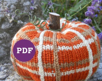 Patrón de calabaza a cuadros escoceses de punto: Decoración otoñal sin fieltro (Patrón PDF)