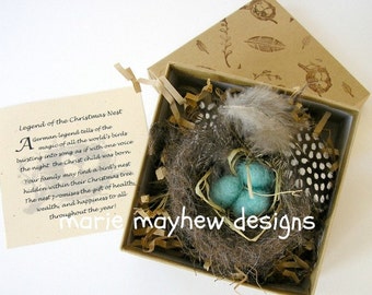 NESt and EGGS holiday ORNAMENT. Hand knit & Felted Bird Nest and Eggs with Decorative Box. Empty Nest gifts. Shower and Wedding gifts
