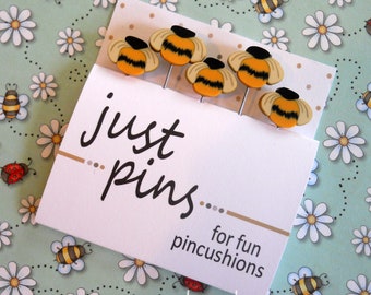 CLAY BEE PINS, Just Another Button Company.  bee pins, quilting pins, pincushion decor, quilting gifts, small country bee pins