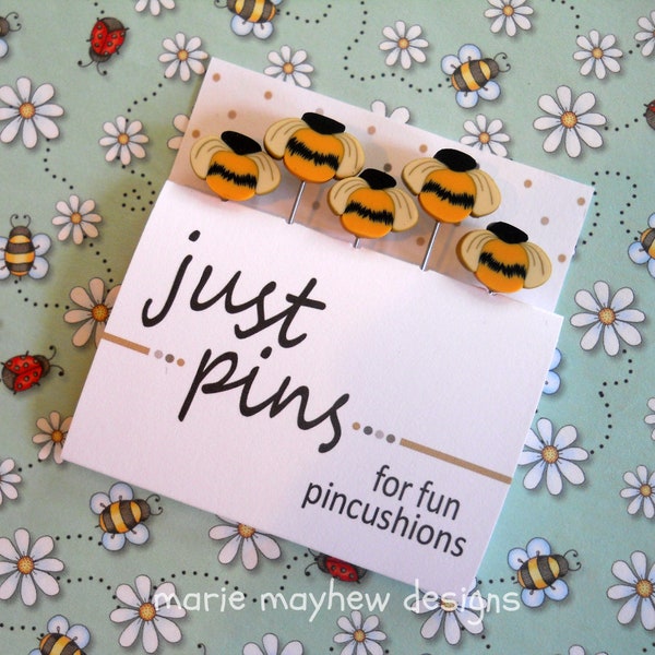 CLAY BEE PINS, Just Another Button Company.  bee pins, quilting pins, pincushion decor, quilting gifts, small country bee pins