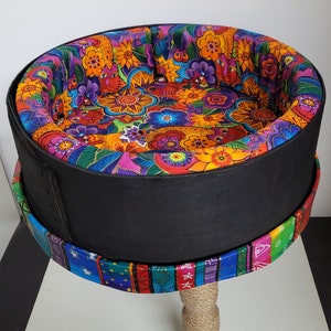 One-of-a-kind~Handcrafted Raised Round Padded Bed w/Laurel Burch Cat Fabric &  (3) "Scratching Post" Wooden Legs