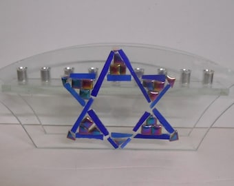 Lot of (1) Upcycled Clear/Thick Glass Hanukkah Menorah: Jewish Star in Sea Glass/Mosaic Design