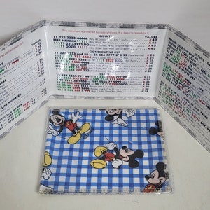 May include: A clear plastic wallet with a Mickey Mouse pattern fabric insert. The wallet has a chart with numbers and values for a game. The text on the chart reads "WINDS - DRAGONS", "VALUES", "BOOM W 5555 2019", "FFFD 0000 111 000", "222 0000 111 0000", "FFDDDD 2019 DODD", "22 000 NEWS 111 99", "ODDO", "11 DD 117 DDD 1", "11 222 3333 44444", "FITF NNNNN", "11111 22 33333 00", "11111 DODO", "QUINES", "VALUES", "x40", "x45", "x45", "x45", "x25", "x25", "x30", "x25", "x25", "x25", "x30", "x25".