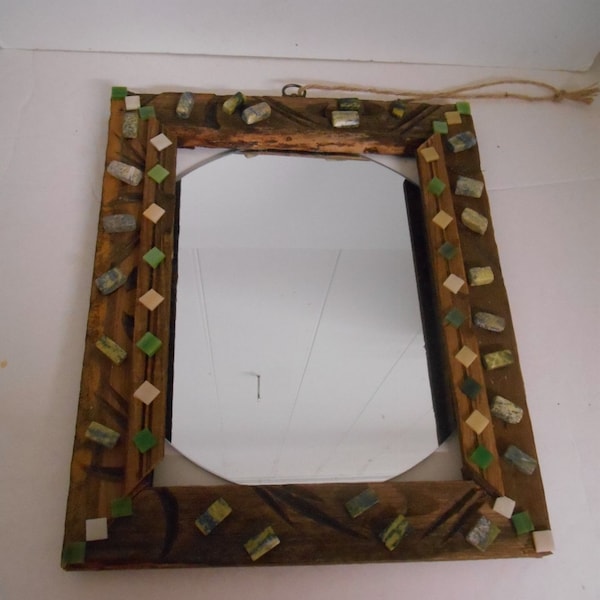 One of kind~Reclaimed Wood Framed Mirror Embellished w/Green/Tan Beads and Mosaic Tiles