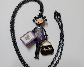 My Exclusive Design~Colored Enamel Lady Luck Pendant w/Necklace with Silver Color Accents + Matching Mah Jongg Tile Purse