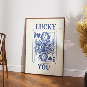 Queen of Hearts Playing Card Wall Art, Lucky You Vintage Style Poster, Casino Theme Wall Decor, Poker Room Artwork, Card Game Lover Gift