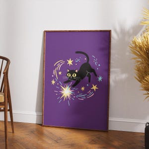Cute Black Cat Space Print Digital Download, Whimsical Starry Kitten Wall Art, Celestial Nursery Decor, Cosmic Feline Instant Download