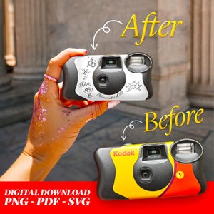 May include: A white disposable camera with a black lens and flash. The camera has a personalised inscription with the text "Leo & Bella 18th November 2023" and a drawing of two rings and two birds. The camera is being held by a hand with glitter on it. The image shows a before and after comparison of the camera, with the "before" image showing a standard Kodak disposable camera and the "after" image showing the personalised camera.