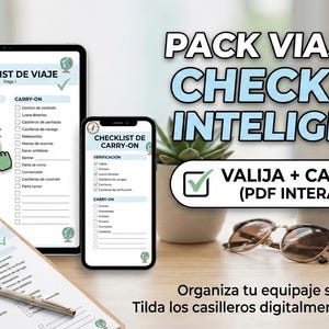 May include: A travel checklist is displayed on a tablet, smartphone, and clipboard. The text reads "CHECKLIST DE VIAJE" and "CARRY-ON". The image also includes sunglasses, a small airplane model, and the text "PACK VIAJERO: CHECKLIST INTELIGENTE".