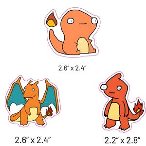 Pegatinas de Pokémon de vinilo mate: evolución inicial de Derpy, Charmander, Charmeleon y Charizard
