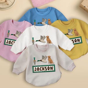 Personalized Mallard Duck Hunting Bubble Romper Sweater, Boy Ducking Hunter Baby Romper, Newborn Bodysuit, Duck Lover Gift Baby