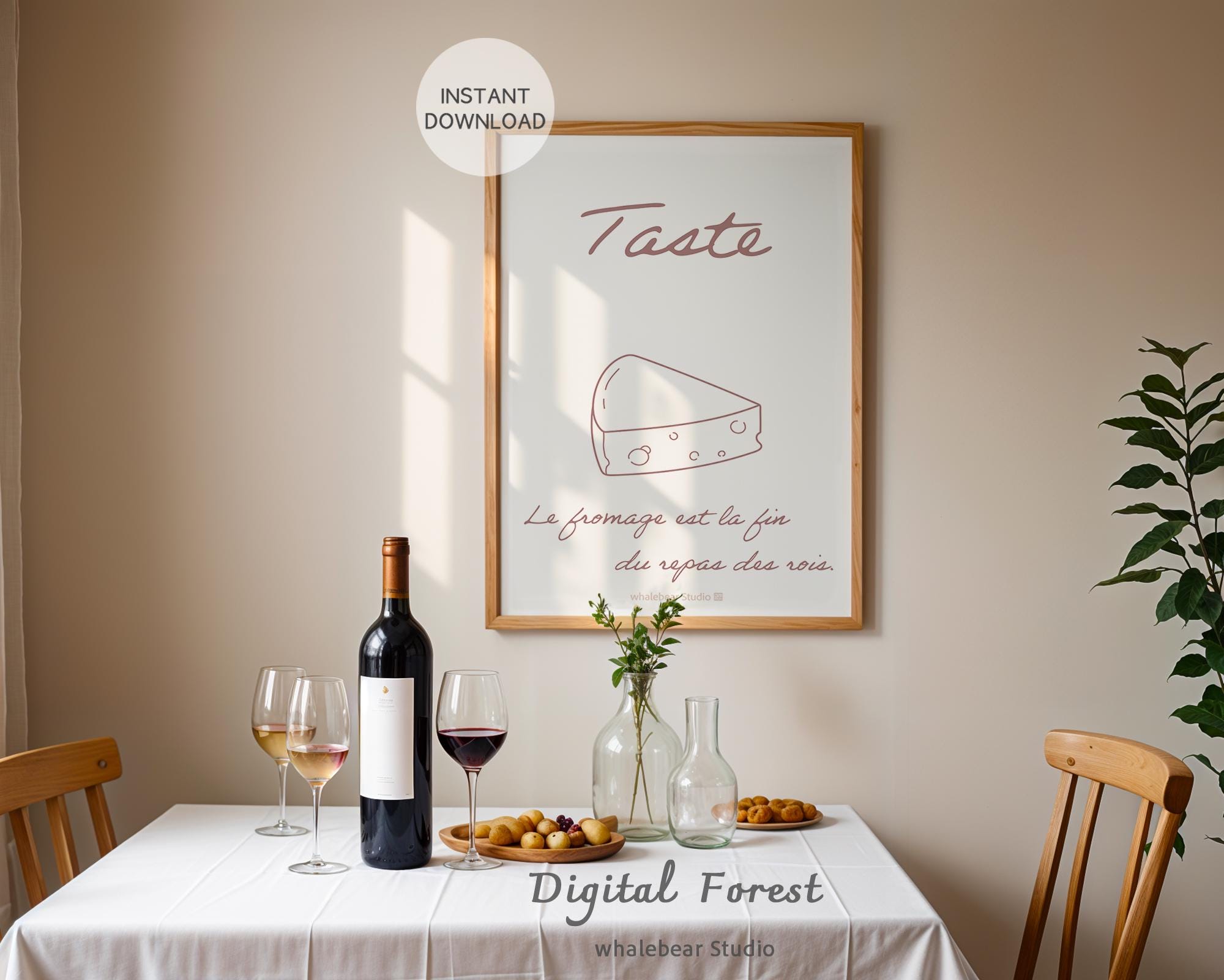 チーズラインアートプリント、ミニマルキッチンデコレーション（デジタルダウンロード）