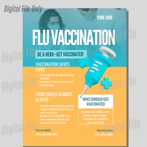 Könnte beinhalten: Ein Informationsplakat in Türkis und Orange, das für die Grippeimpfung wirbt. Das Plakat zeigt den Text "FLU VACCINATION" und "BE A HERO - GET VACCINATED!" sowie eine Spritzengrafik und wichtige Informationen.