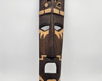 Hand Carved Wooden Mask Tribal Folk Art Wall Hanging Two Tone Decorative Face Carving