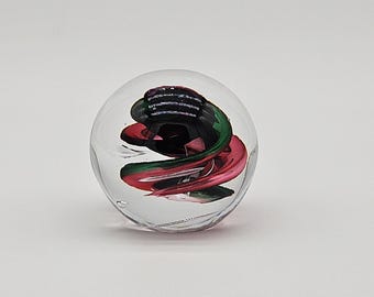 Marian Pyrcak Signed Art Glass Paperweight: Pink Green Swirl Sphere